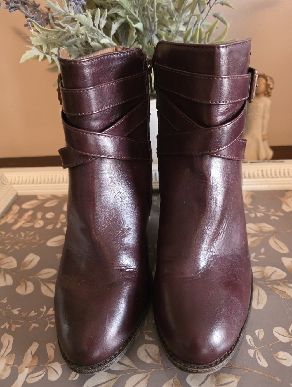 Cloudwalkers® Women's Burgundy Leather Ankle Booties with Wrap Strap Detail
